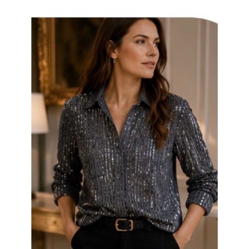 Anthropologie Maeve Black Sequin Button Front Shirt M - Picture 2 of 5
